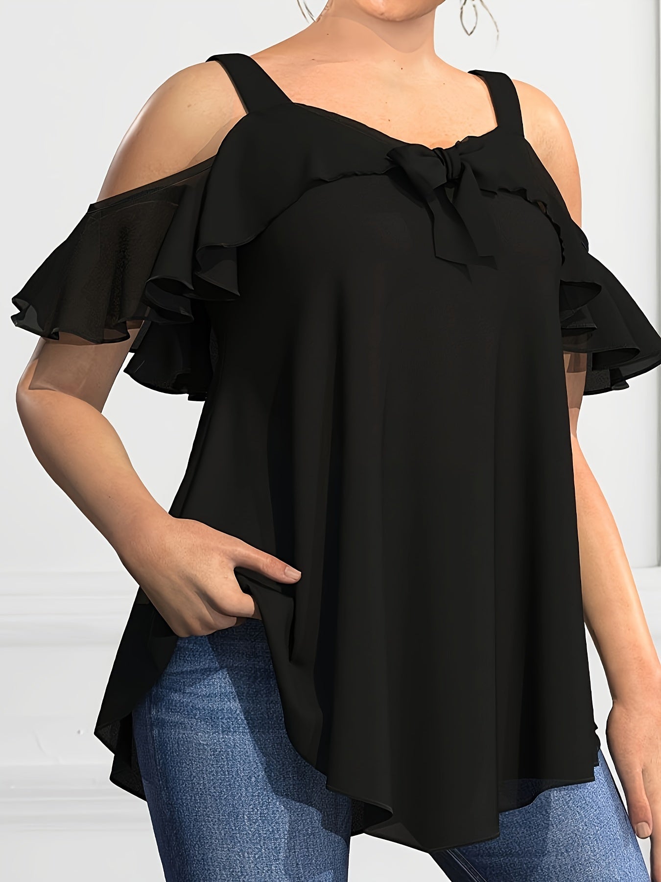Plus Size Women's Suspender Style Summer Top with Bow Neckline