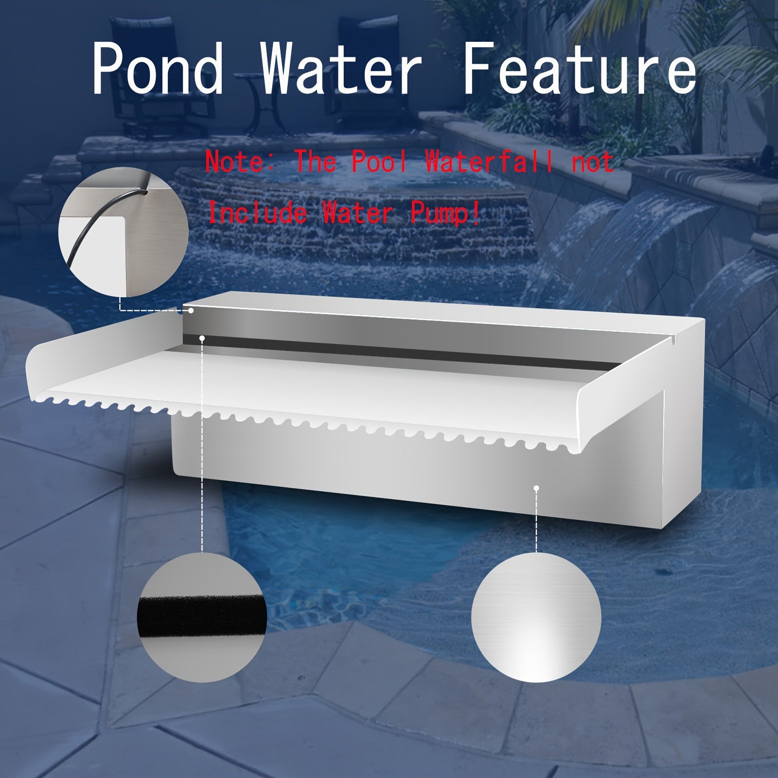 304 zanglamaydigan po'latdan yasalgan suv toshqini uchun hovuzlar va bog'lar uchun, yoritgichsiz, turli o'lchamlarda