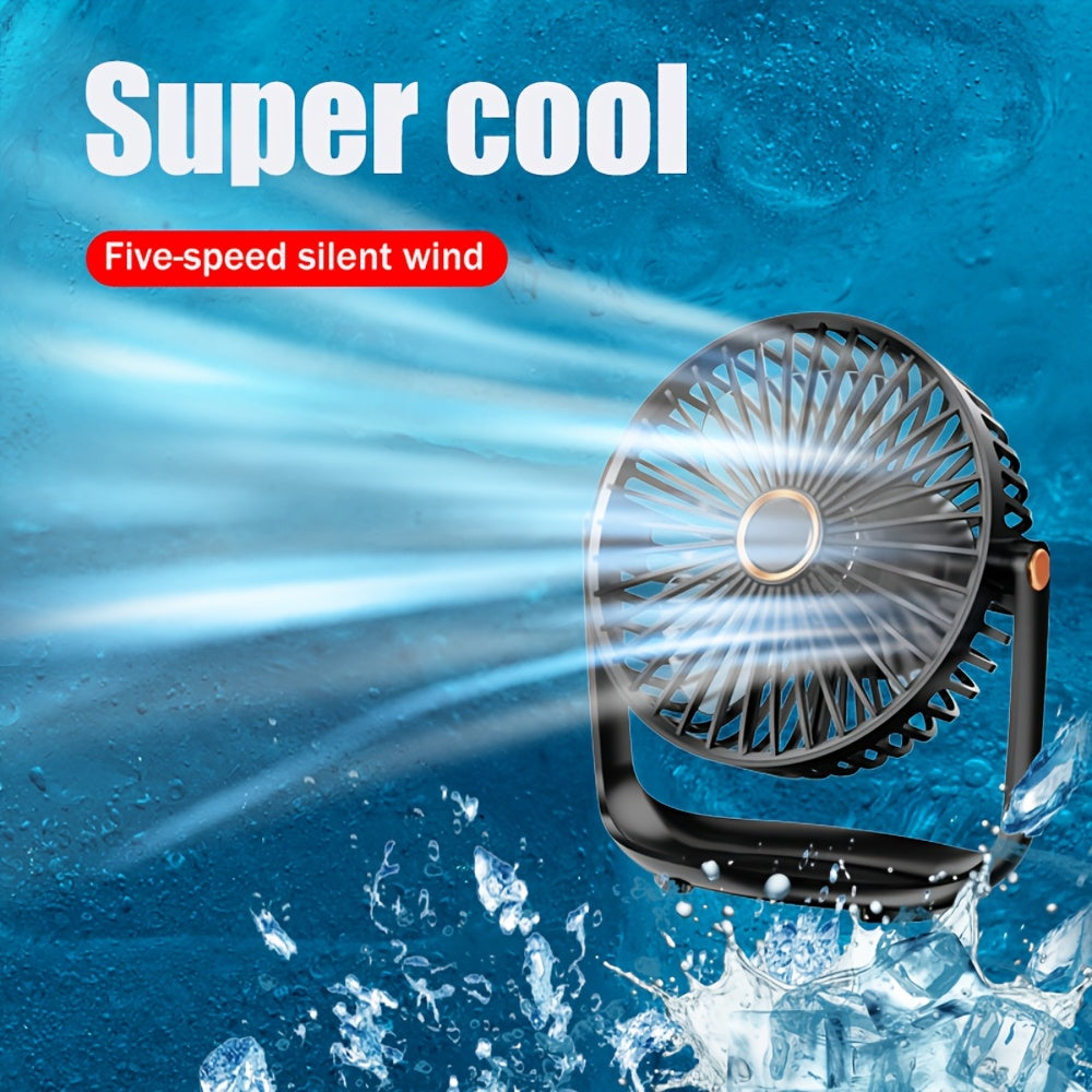 Portativ stol fanati bilan kechqurun chiroq, USB-C zaryadlash, 5 tezlik, 360° burilish