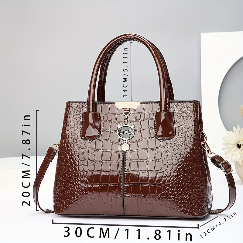 Women's Handbag Crocodile Pattern Large Capacity PU Shoulder Bag for Middle-Aged Mothers