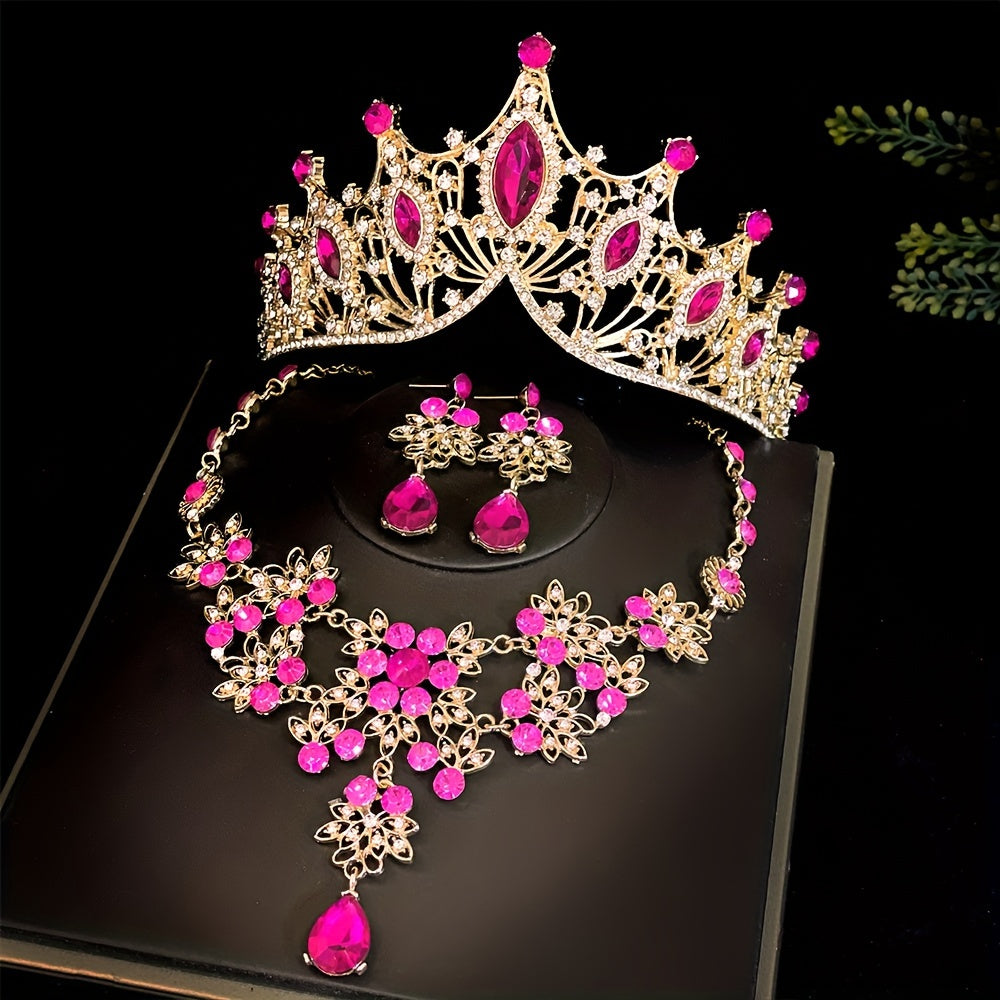 3-Piece Bridal Jewelry Set Tiara Necklace Earrings for Wedding and Photos