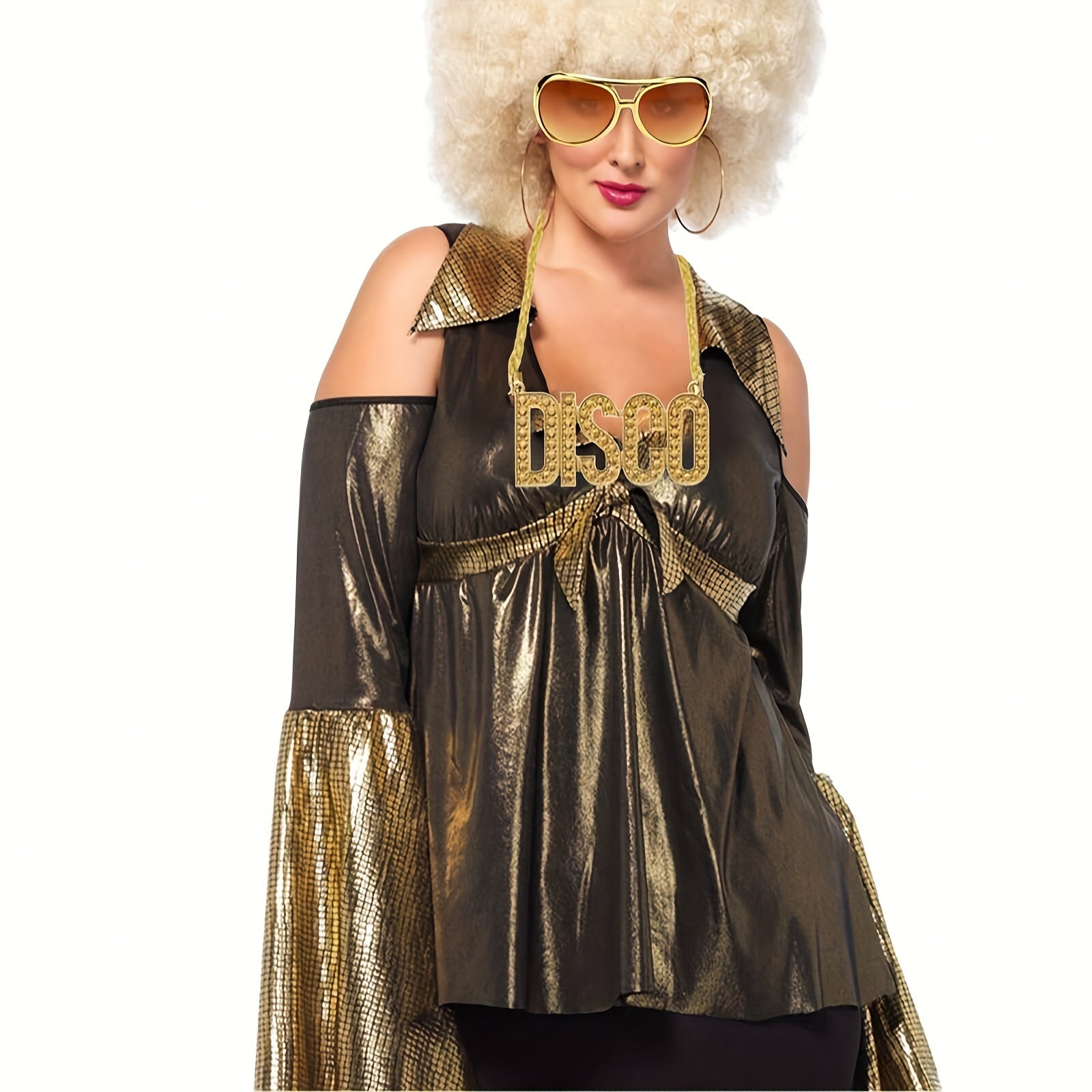 Conjunto de disfraz de los 70s y 80s con peluca rizada, gafas, bigote y collar para fiesta