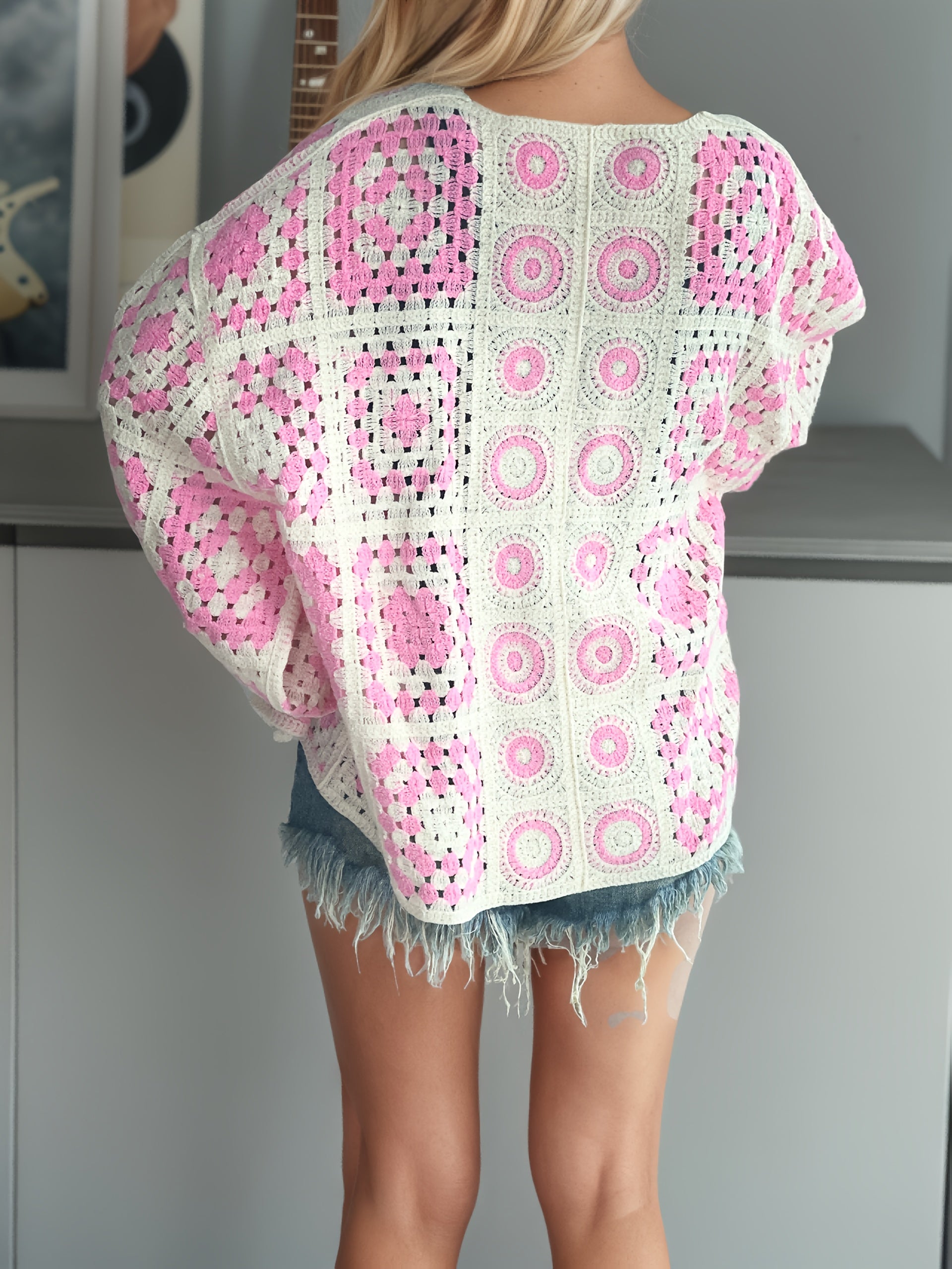 Plus Size Women Breathable Geometric Pattern Cardigan Long Sleeve Lightweight
