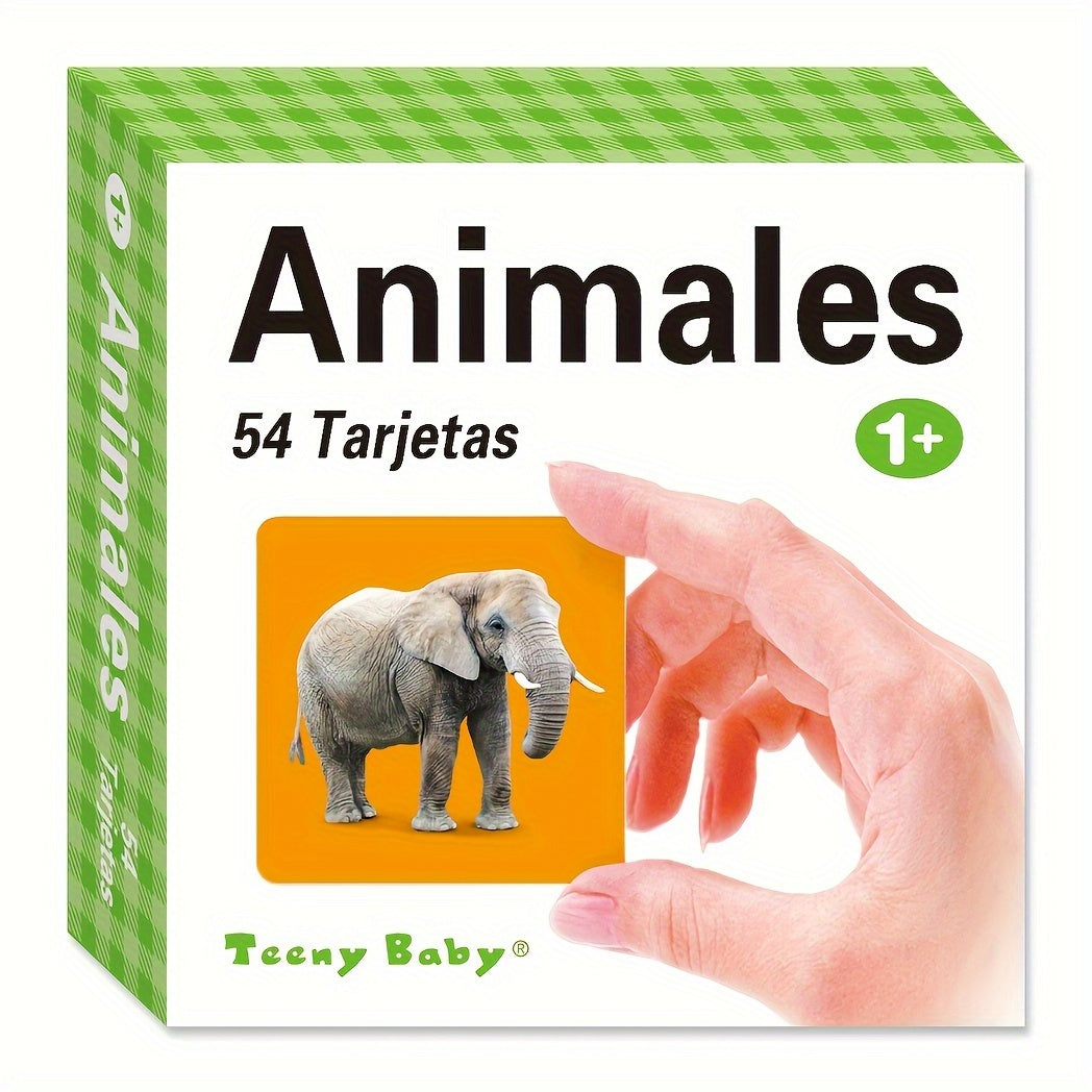 Juego de tarjetas de palabras de animales para niños en español con imágenes y esquinas redondeadas