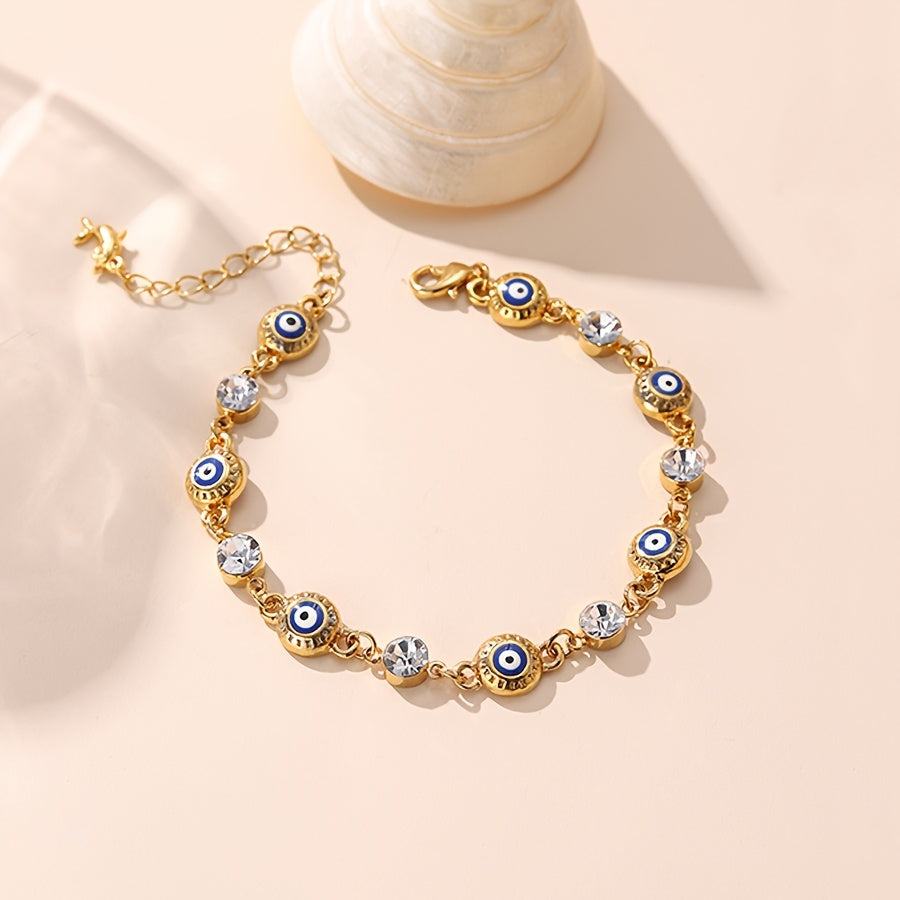 Gold-Plated Copper Alloy Bracelet with Rhinestones and Devil's Eye Accents for Women