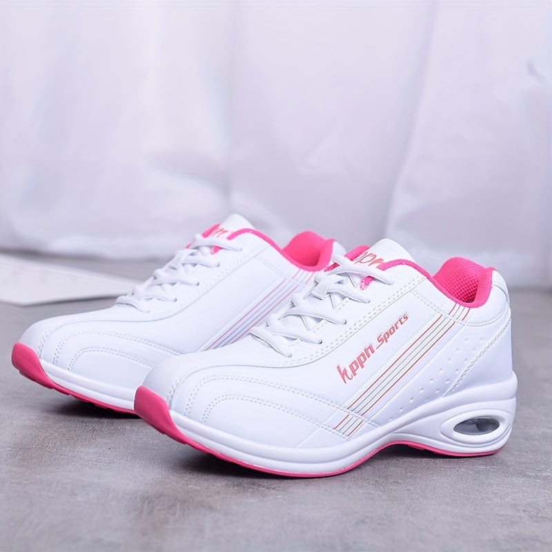 Women's Casual Low-Top Sneakers Breathable Microfiber White Pink Accents