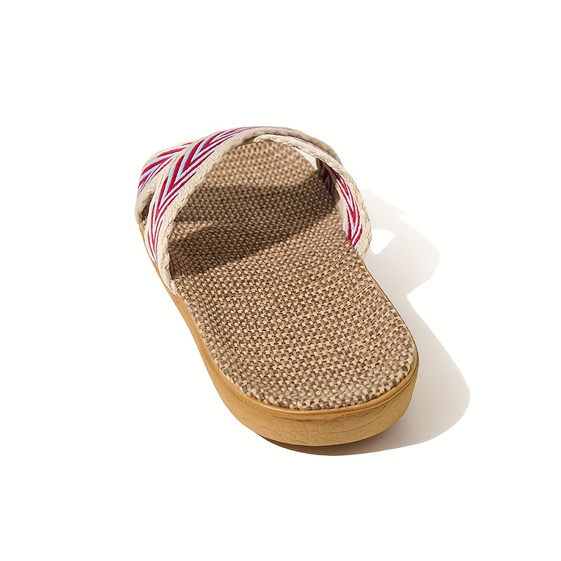 Women's Linen Slides Black and White Chevron Casual Sandals