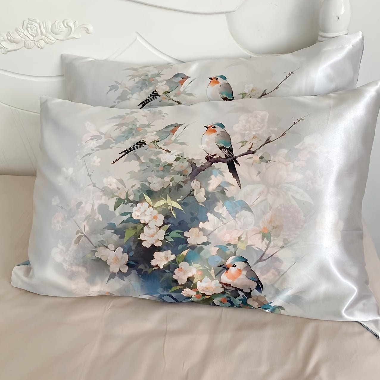Set of 2 Satin Pillowcases with Floral Bird Patterns Reversible Envelope Closure