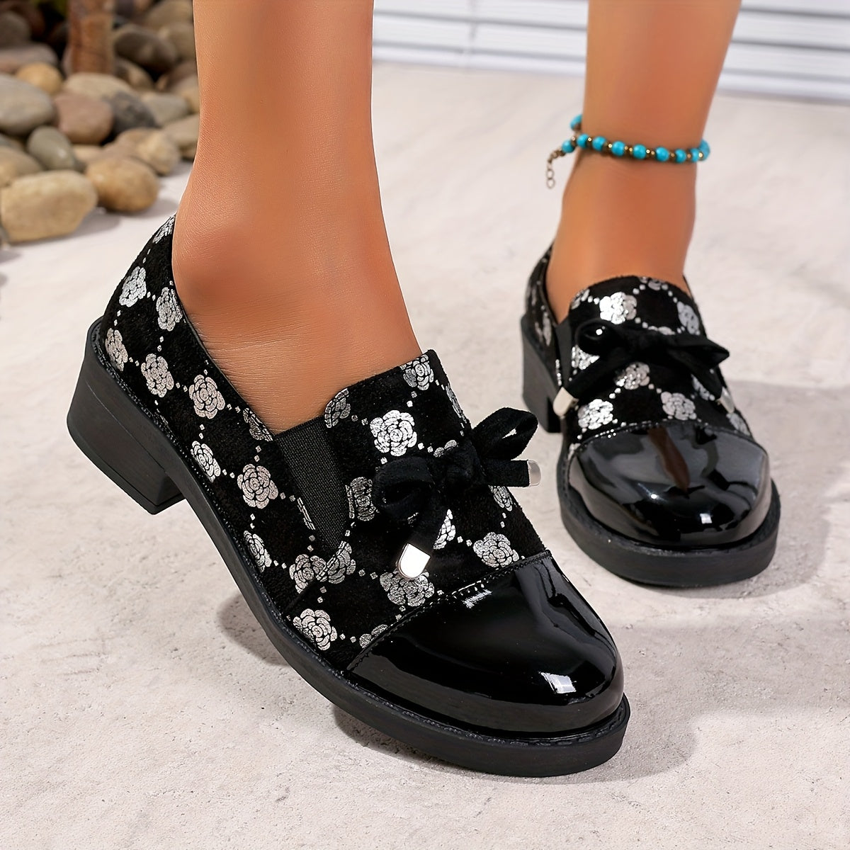 Women's Black Patterned Loafers with Bow and Sequins, Comfortable Low Heel
