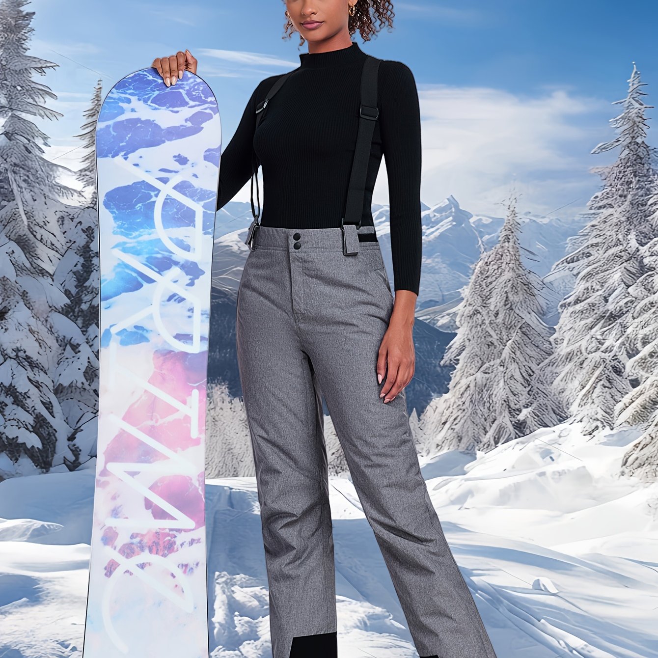 Women's Light Blue Waterproof Thermal Snow Pants for Ski and Winter Outdoor Activities