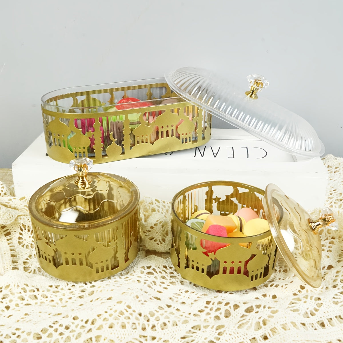 Set of 3 Metal Ramadan Trays with Castle Pattern Engraving and Lacquer Finish for Jewelry and Decor