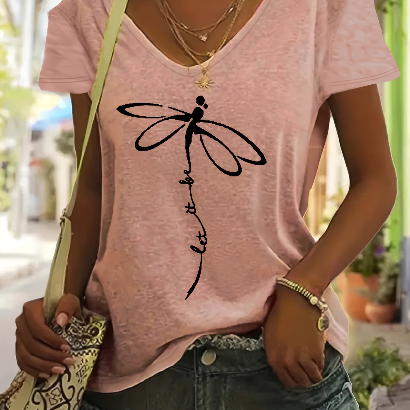 Plus Size Women's V-Neck T-Shirt Geometric Dragonfly Print Mint Green Black