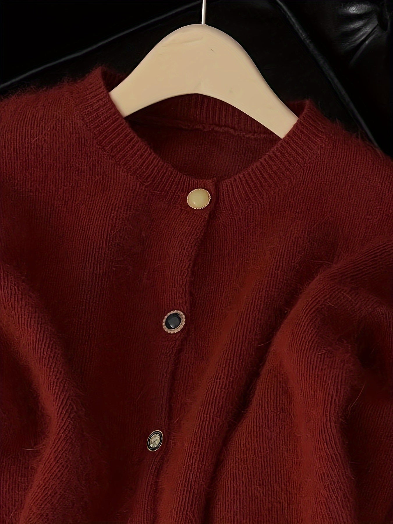 Women's Red Knit Cardigan Cozy Thick Sweater with Round Neck and Button-Up Design