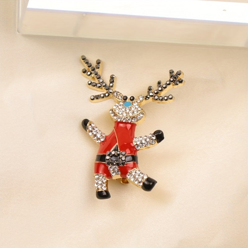 Enamel Reindeer Brooch Pin with Rhinestones for Christmas Party Accessories
