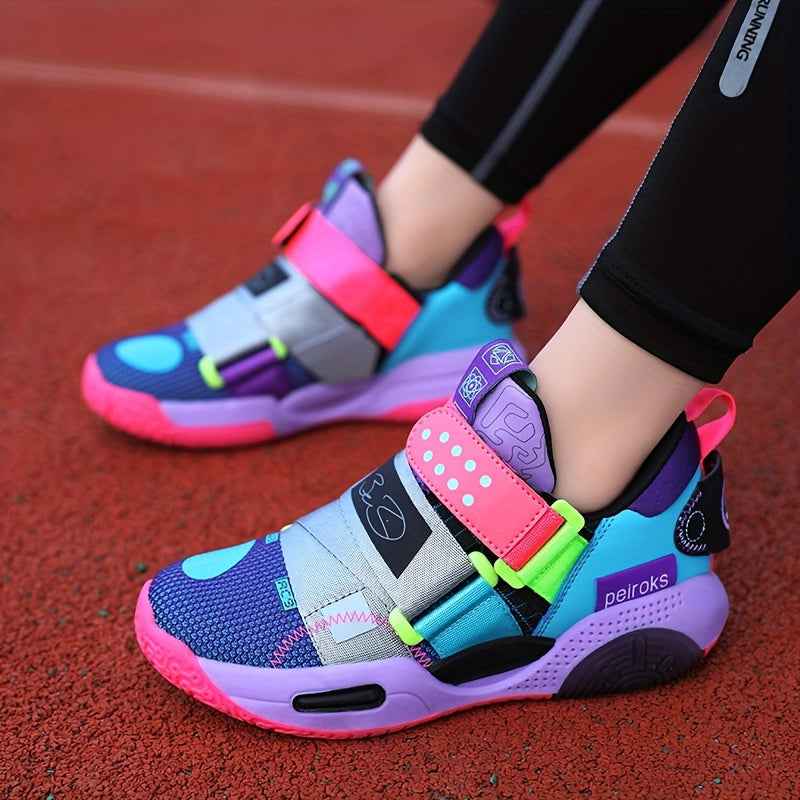 Youth Casual Basketball Sneakers Girls Pink Purple Blue Low Top TPR Sole Elastic Closure