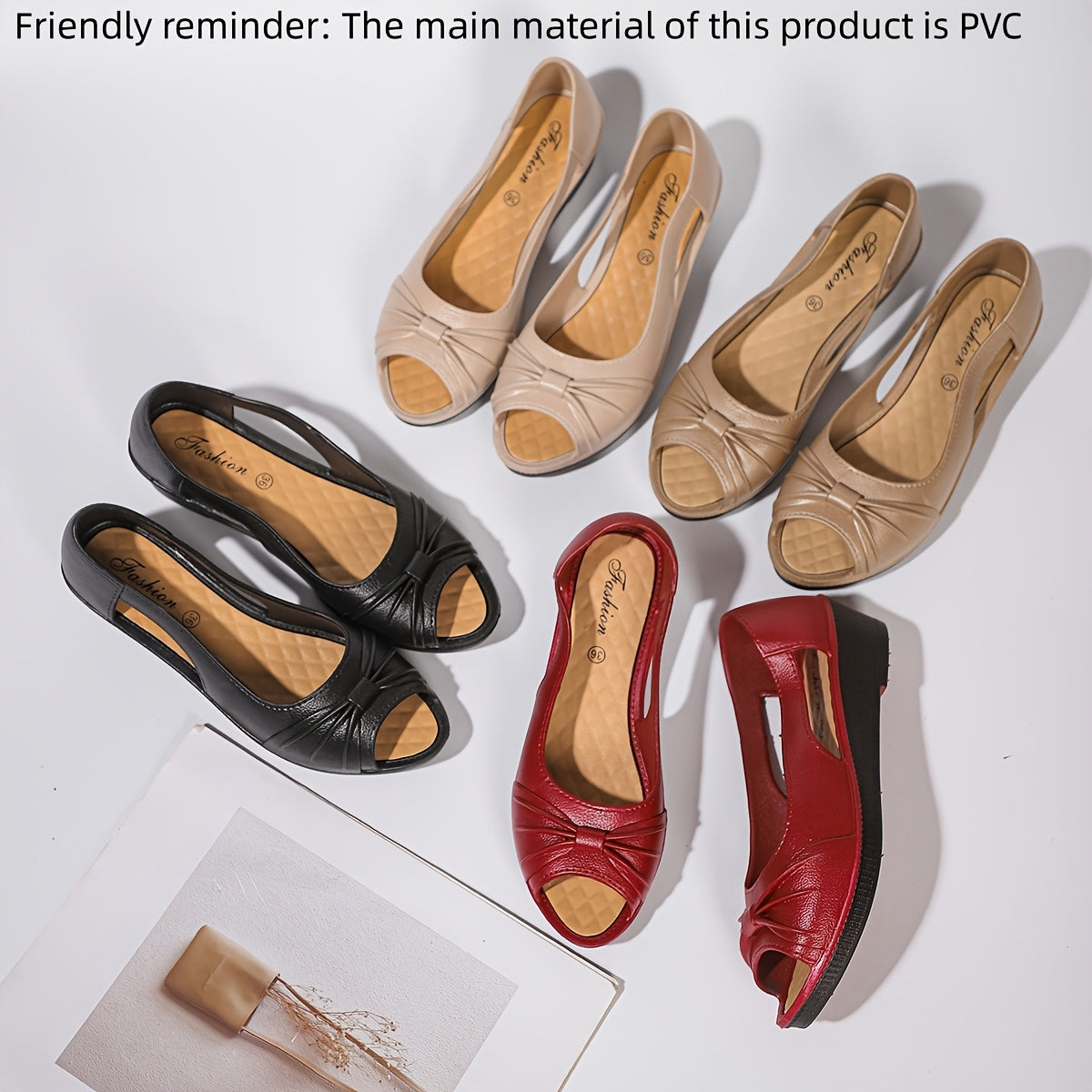 Ayollar uchun nozik slip-on sandallar, yumshoq platforma tagligi, past wedge to'pi va maxsus tadbirlar uchun PVC material.