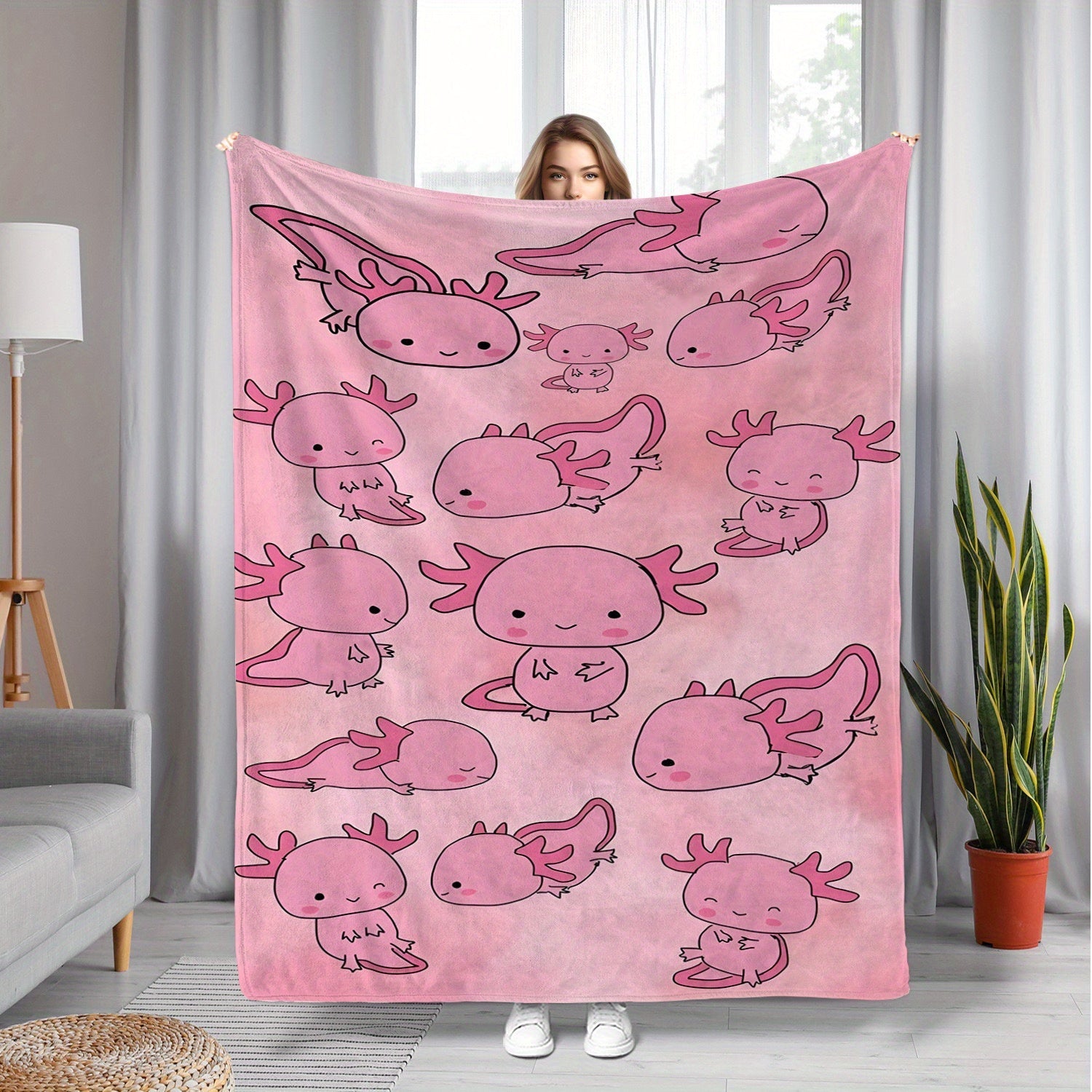 Pink Cartoon Salamander Fleece Blanket for Kids and Adults Lightweight Soft Warm