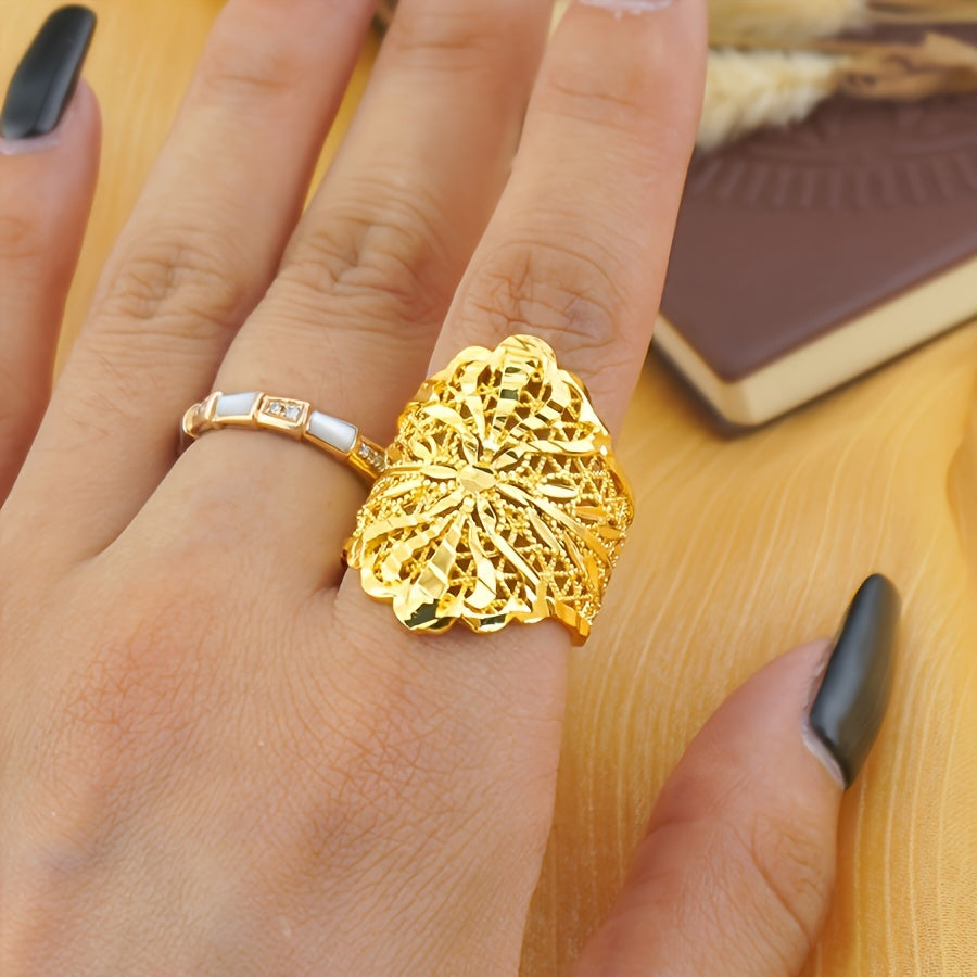 Gold Plated Copper Cuff Bracelet and Ring Set for Women Bohemian Style Jewelry