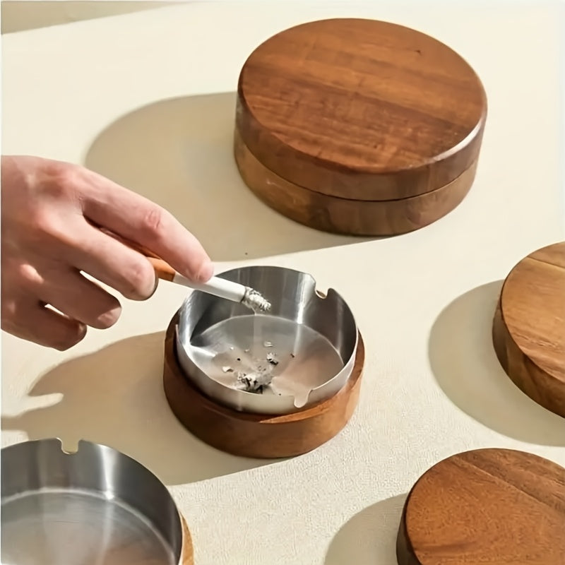 Wooden Circular Ashtray for Living Room and Office Stainless Steel Cover