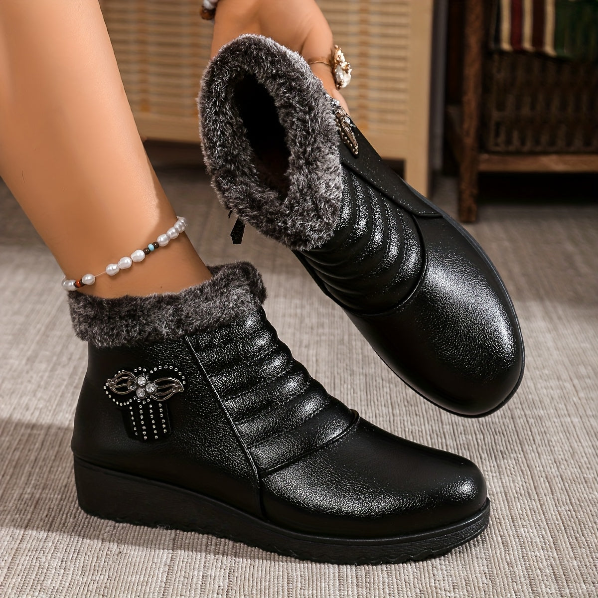 Women's Winter Ankle Boots Snow Shoes Non-Slip Rubber Black Red