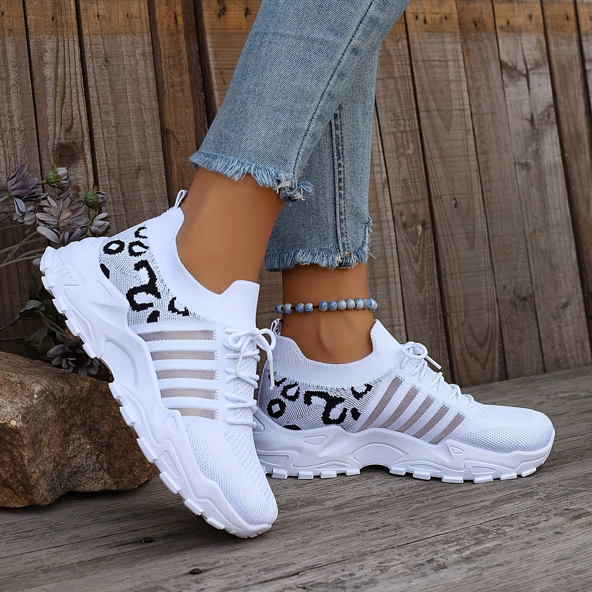 Plus Size Women's Leopard Print Breathable Mesh Sneakers for Walking and Casual Wear
