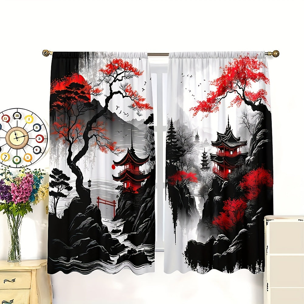 Set of 2 Japanese Mountain Ink Painting Print Curtains Polyester Rod Pocket for Living Room Bedroom Kitchen