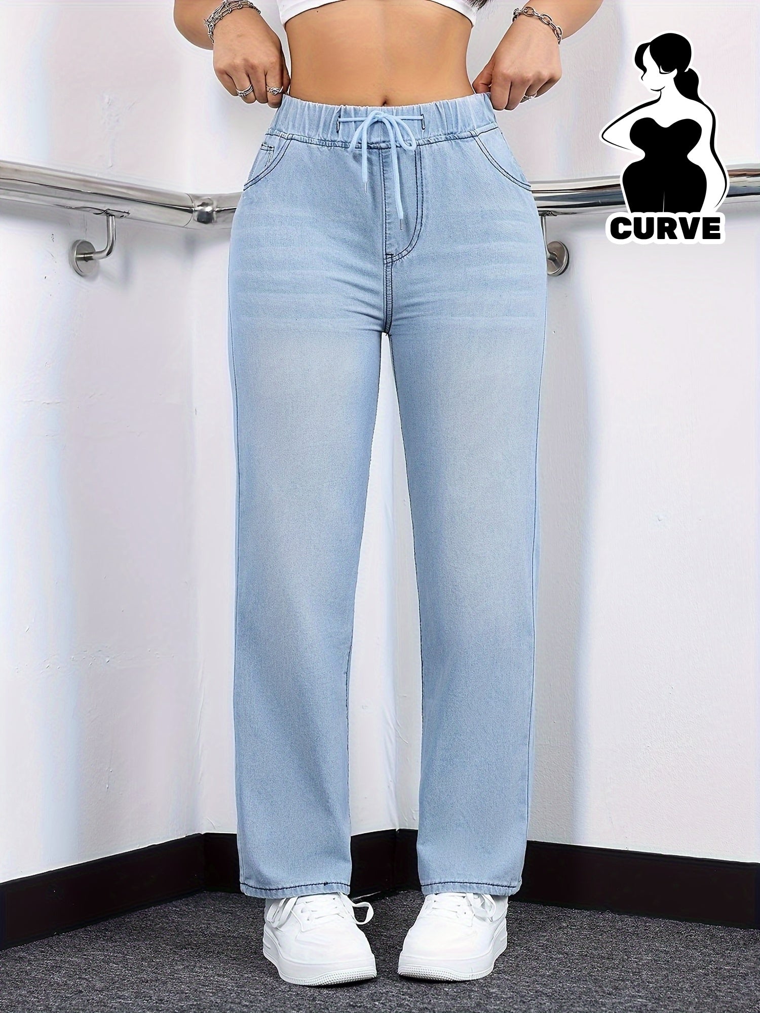 Women's Light Blue Straight Leg Jeans with Drawstring Waist Casual