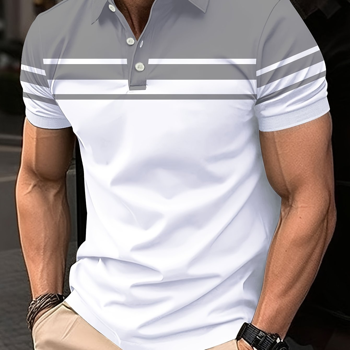 Erkaklar uchun Rangli Blokirovka Printli Qisqa Yengli Yaka T-shirti, Tasodifiy Sport Yuzi
