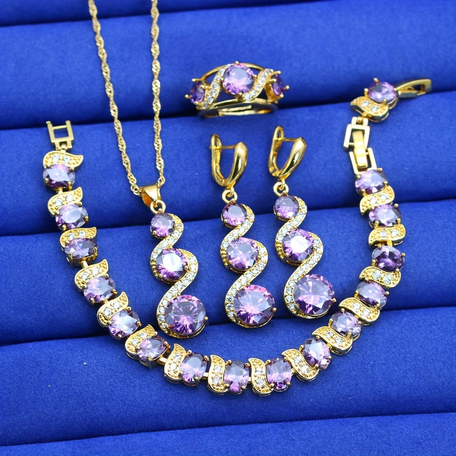 Women's Jewelry Set in Purple Zirconia with Necklace Earrings Bracelet and Ring