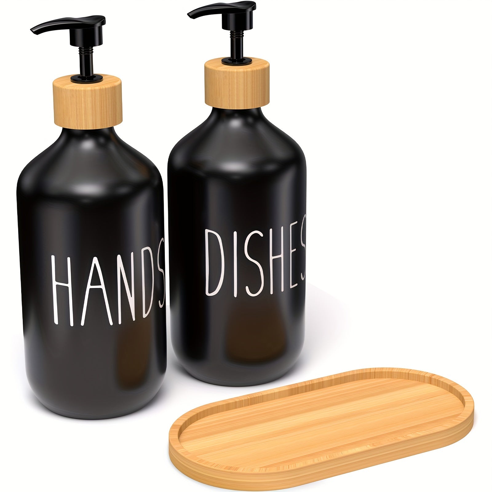 Set of 2 Refillable Soap Dispensers with Wooden Tray for Bathroom