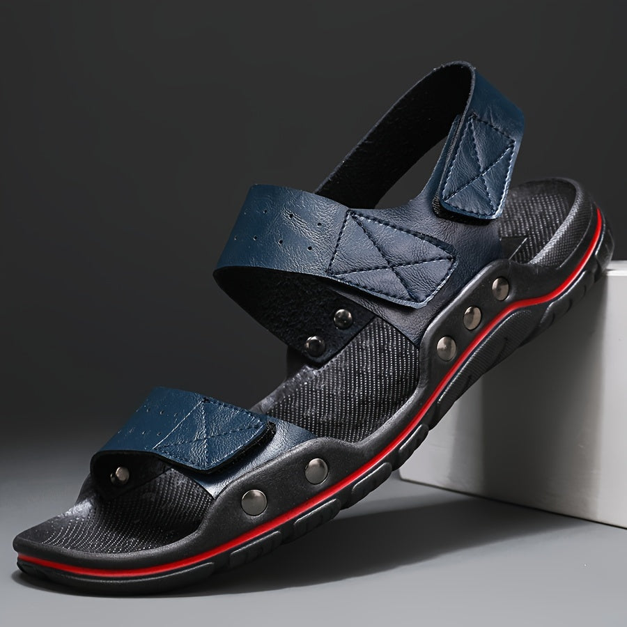 Men's Plus Size Solid Color PU Sandals with Hook-and-Loop Closure Rubber Sole