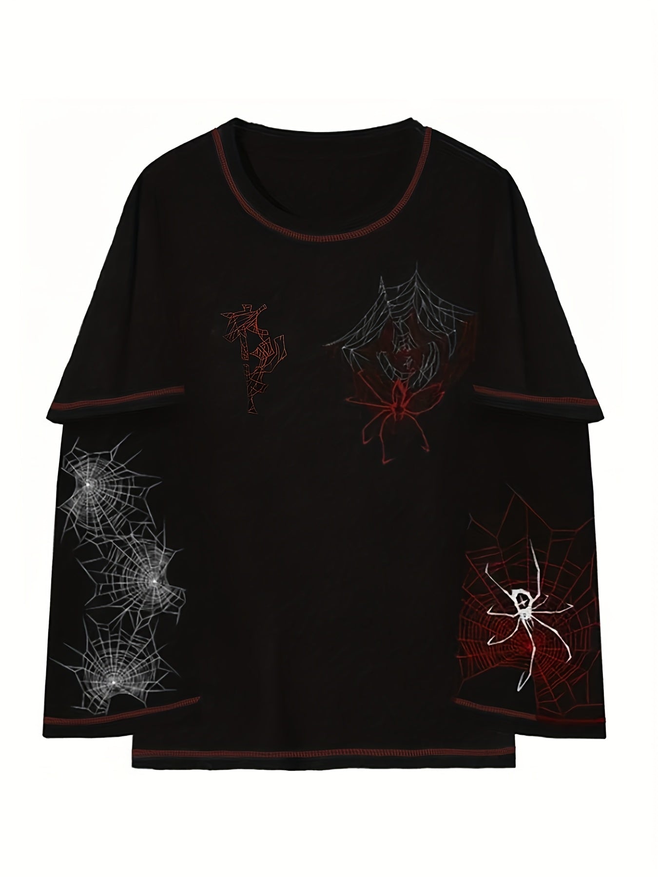 Y2K Spider Web Pattern Faux Two-Piece T-Shirt Long Sleeve Crew Neck Fall Winter