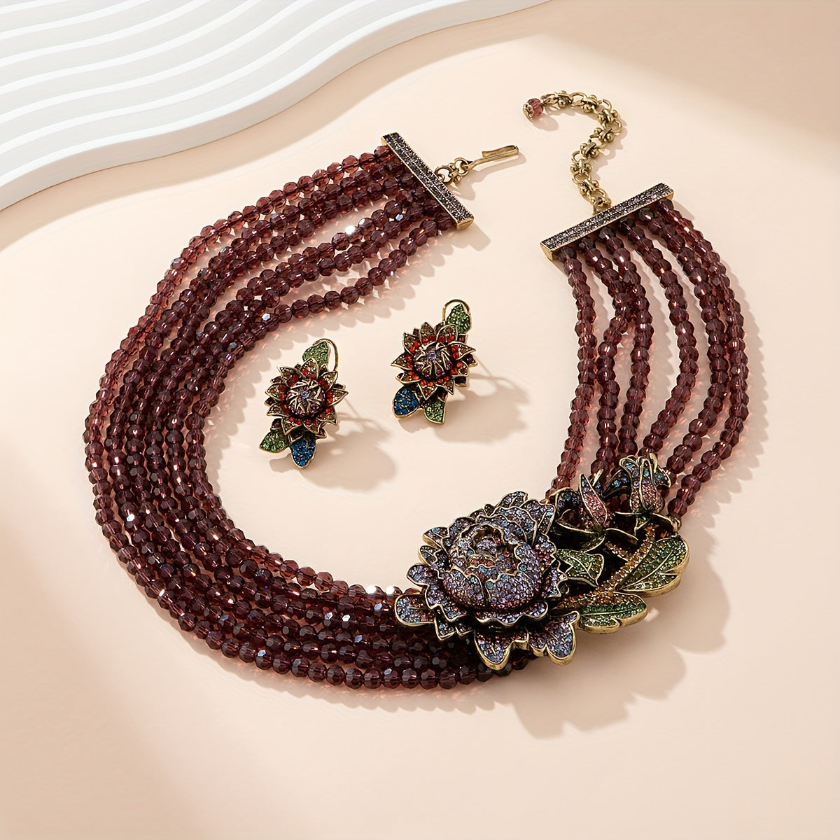 Vintage-Inspired Gold Plated Jewelry Set with Glass Accents Necklace and Earrings