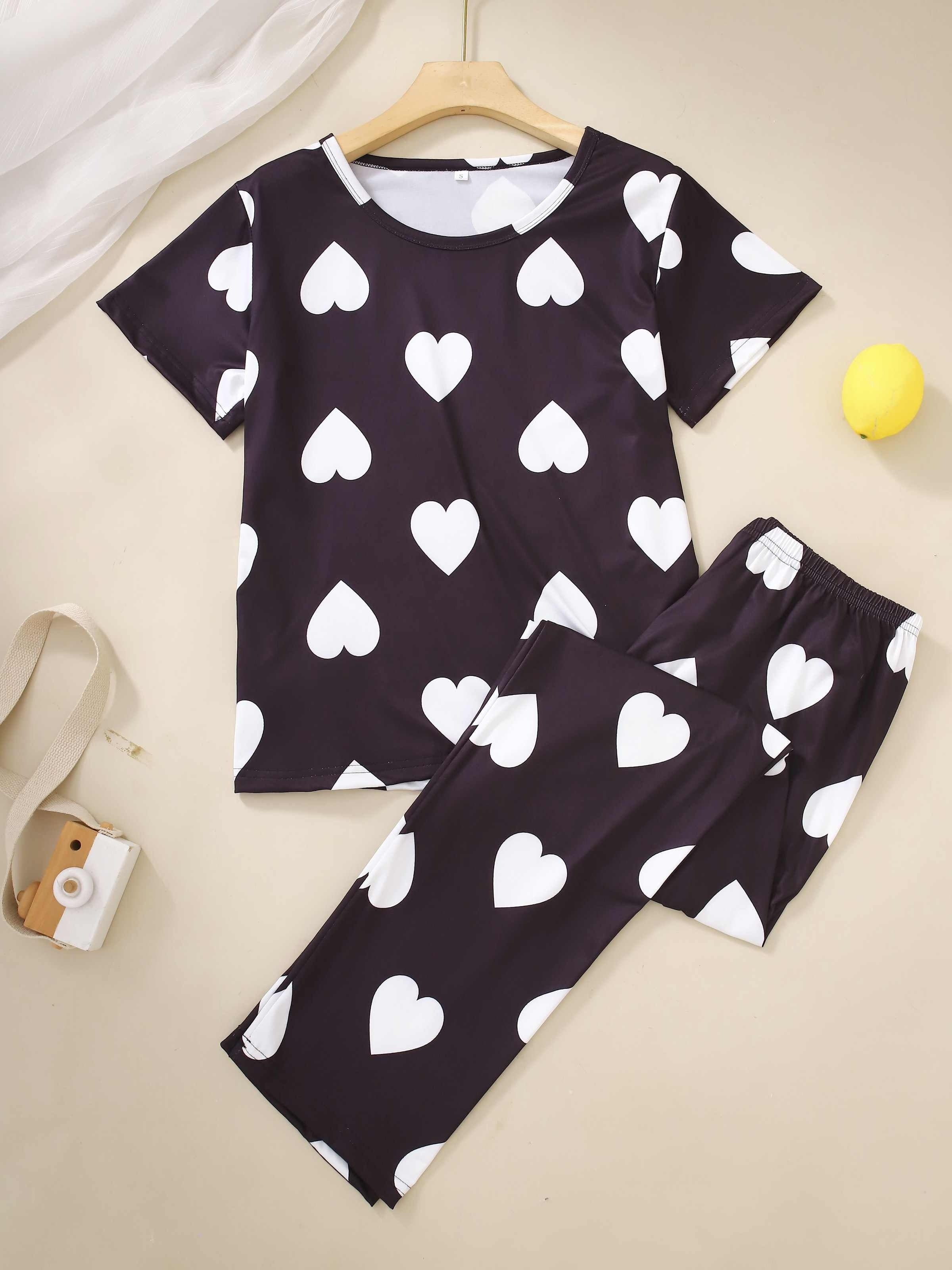 Adult Print Short-Sleeve Pajama Set with Long Pants Polyester