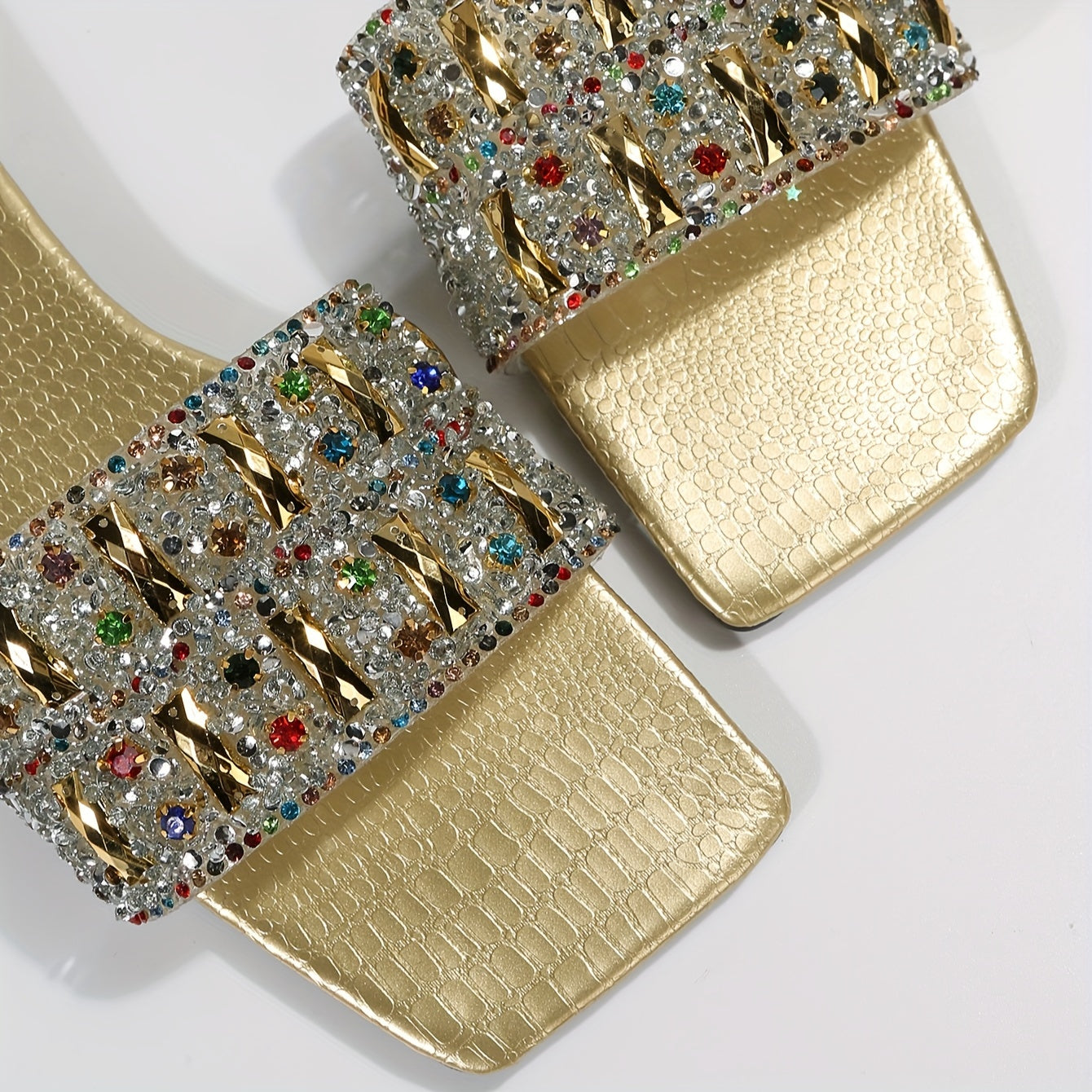 Women's Rhinestone Square Toe Flat Sandals Slip-On Summer Open Toe Ankle Strap