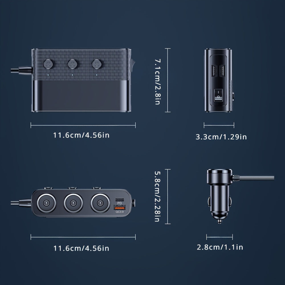 Cargador de coche 7 en 1 con 3 enchufes, Tipo-C QC3.0, puertos USB duales, pantalla LED 12V/24V
