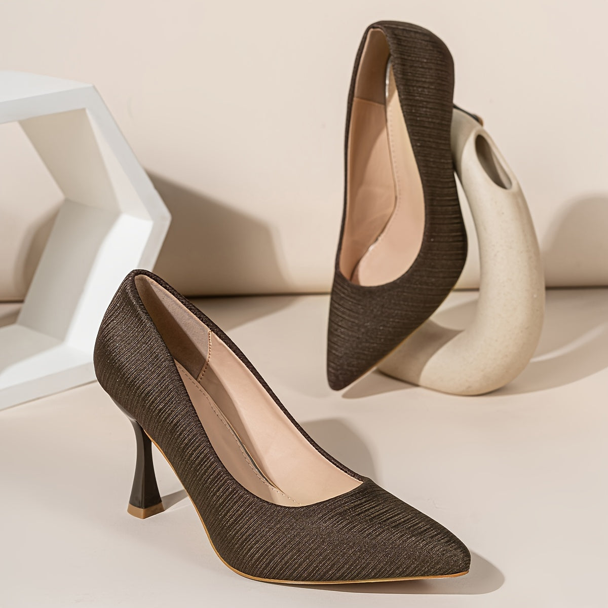 Women's Pointed Toe Pumps Stiletto Heels Dress Shoes with Striped Detail