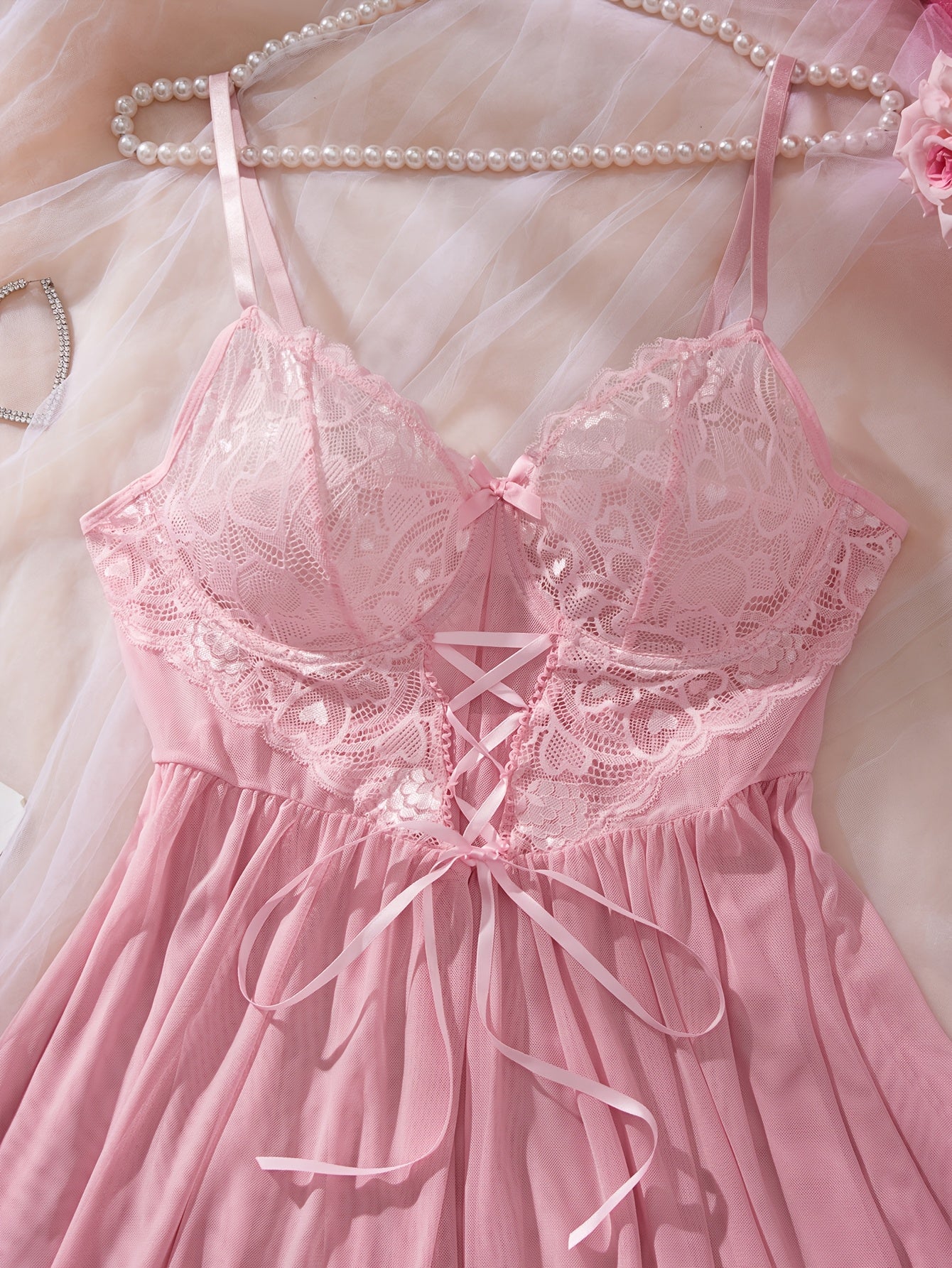 Plus Size Women's Mesh Thong Panties and Sheer Lace Nightgown Set Pink