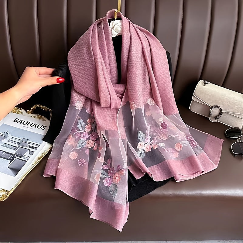 Women’s Embroidered Begonia Flower Scarf Thin Dual-Layer Breathable Solid Color Shawl