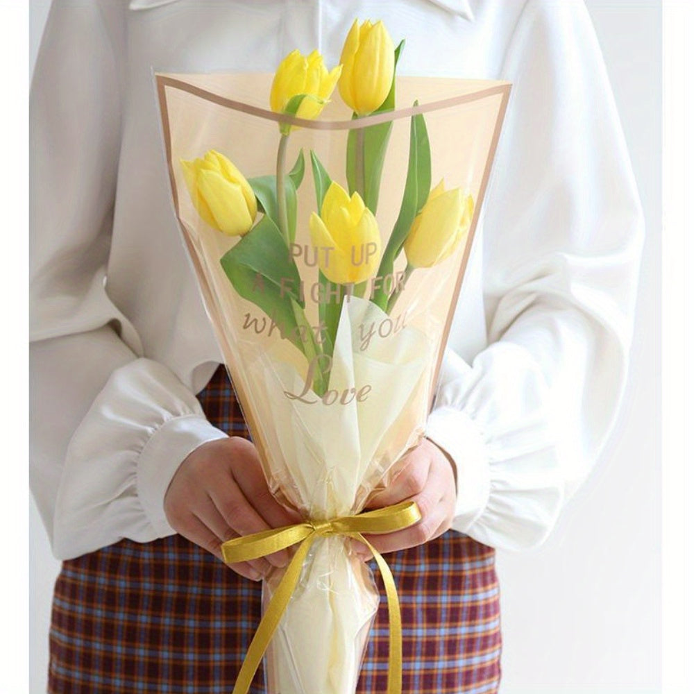 50 Pcs Clear Floral Bouquet Wrapping Bags with Motivational Quote for Valentine's Day and Flower Shop Packaging