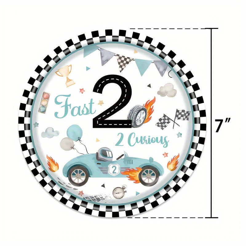 Set of 10 Birthday Party Plates Cups Napkins Paper Dinnerware Blue Race Car Checkered Flag for 2nd Birthdays Tailgate Celebrations