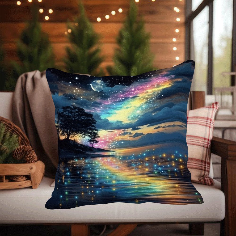 Starry Rainbow Tree of Life Decorative Cushion Cover 45.72x45.72 cm Polyester Machine Washable