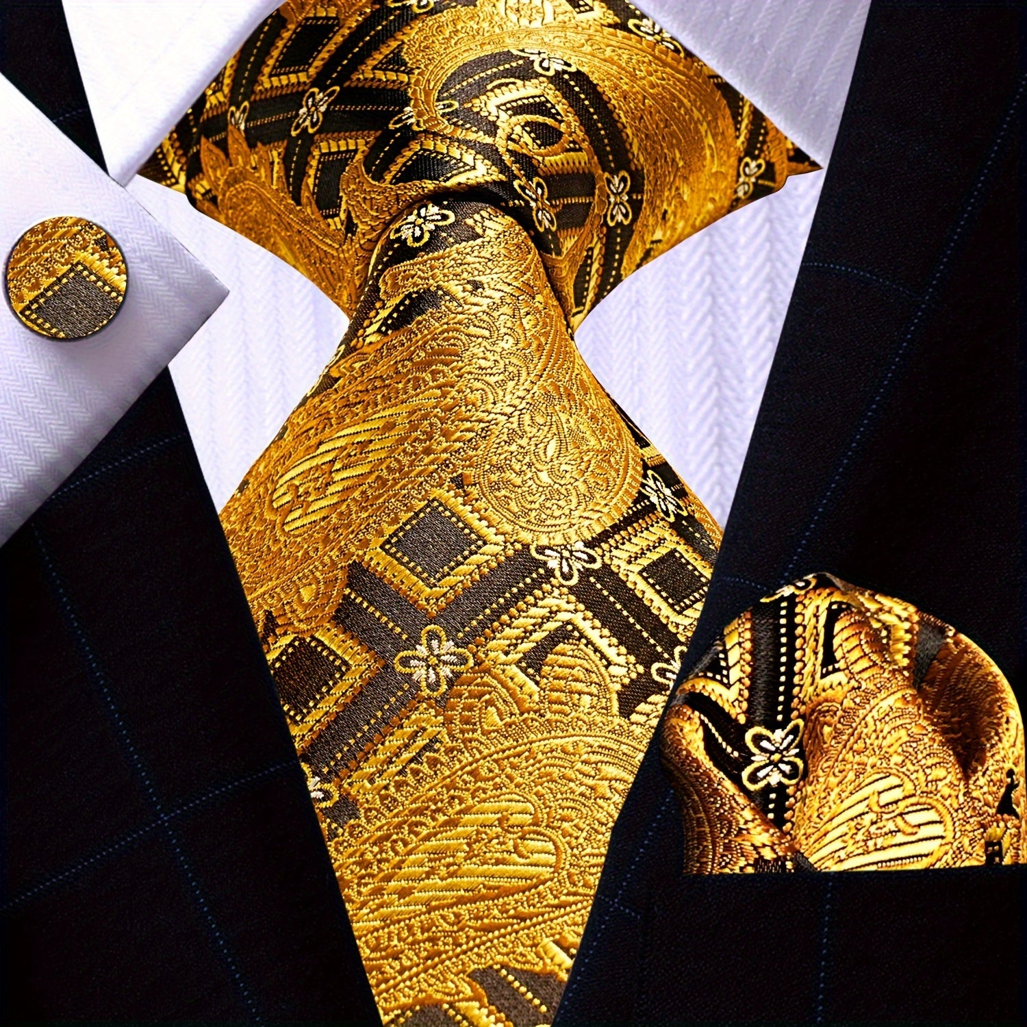 Men's Gold Accessories Set Tie Pocket Square Cufflinks for Weddings Business