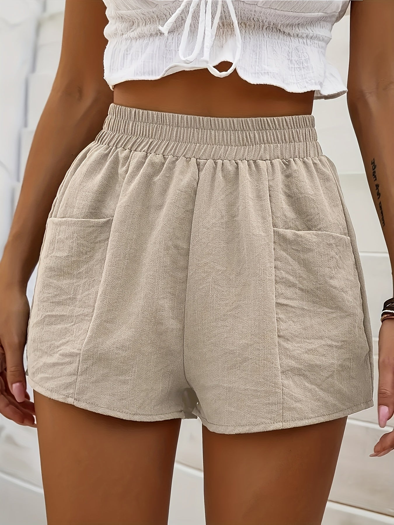 Plus Size Women's Beige Stretchy Polyester Casual Shorts with Pockets