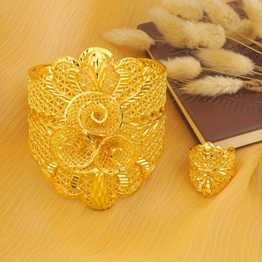 Gold Plated Copper Cuff Bracelet and Ring Set for Women Bohemian Style Jewelry