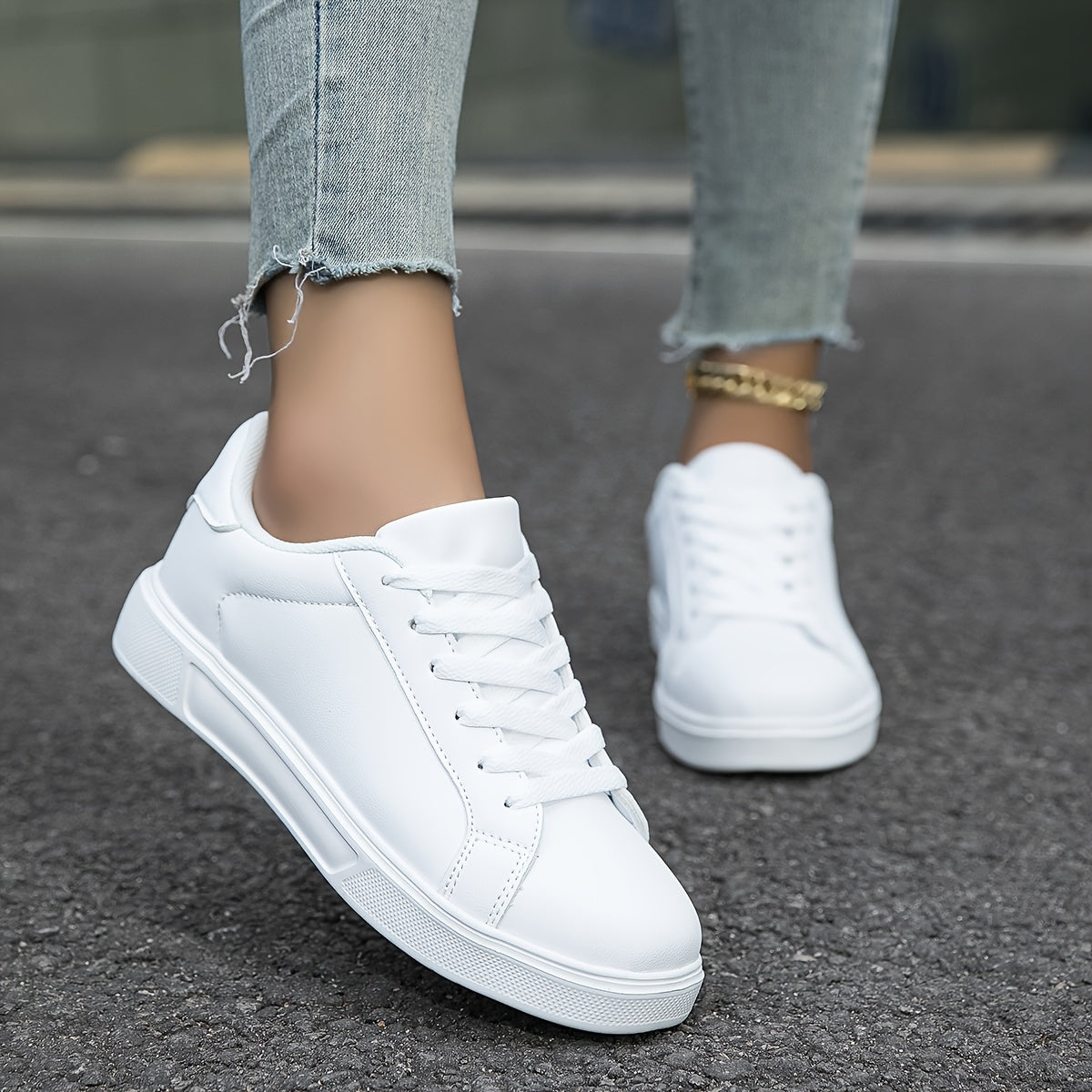 Women's White Low Top Lace-Up Sneakers for Casual Outdoor Walking
