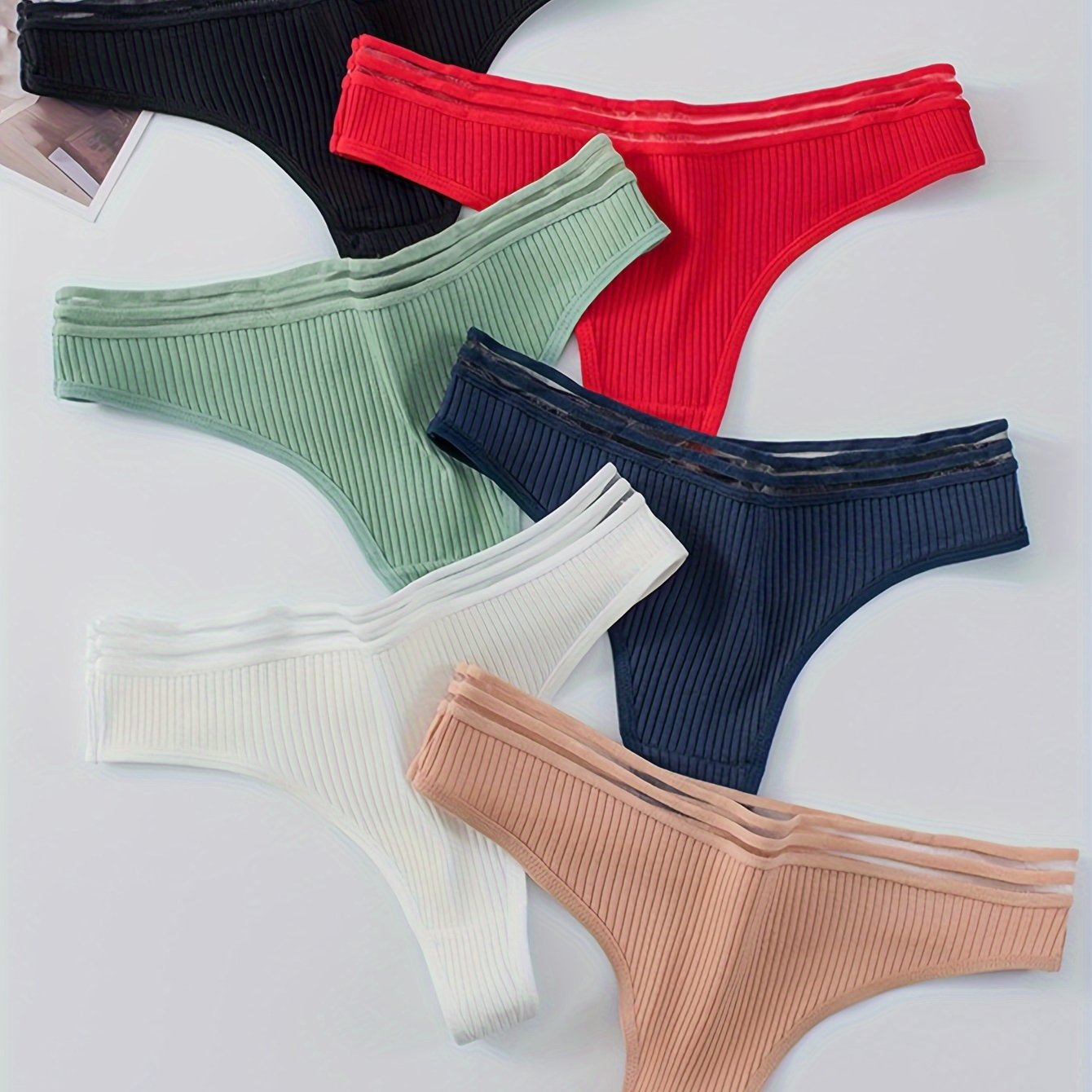 Women's Ribbed Cotton Thongs with 6 Stripes Low Rise Intimates