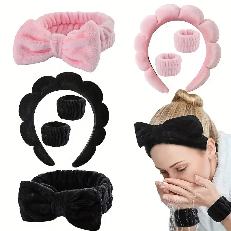 Set of 4 Women's Skincare and Hair Accessories Including Bow Headband Spa Head Hoop and Wristbands