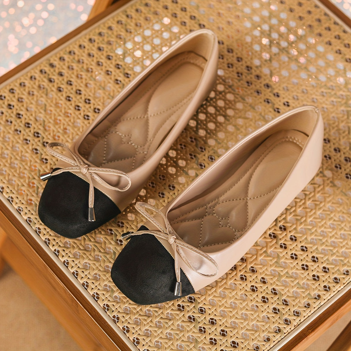 Women's Mary Jane Flats Light Brown Black Bow Casual Comfortable Slip-On Square Toe