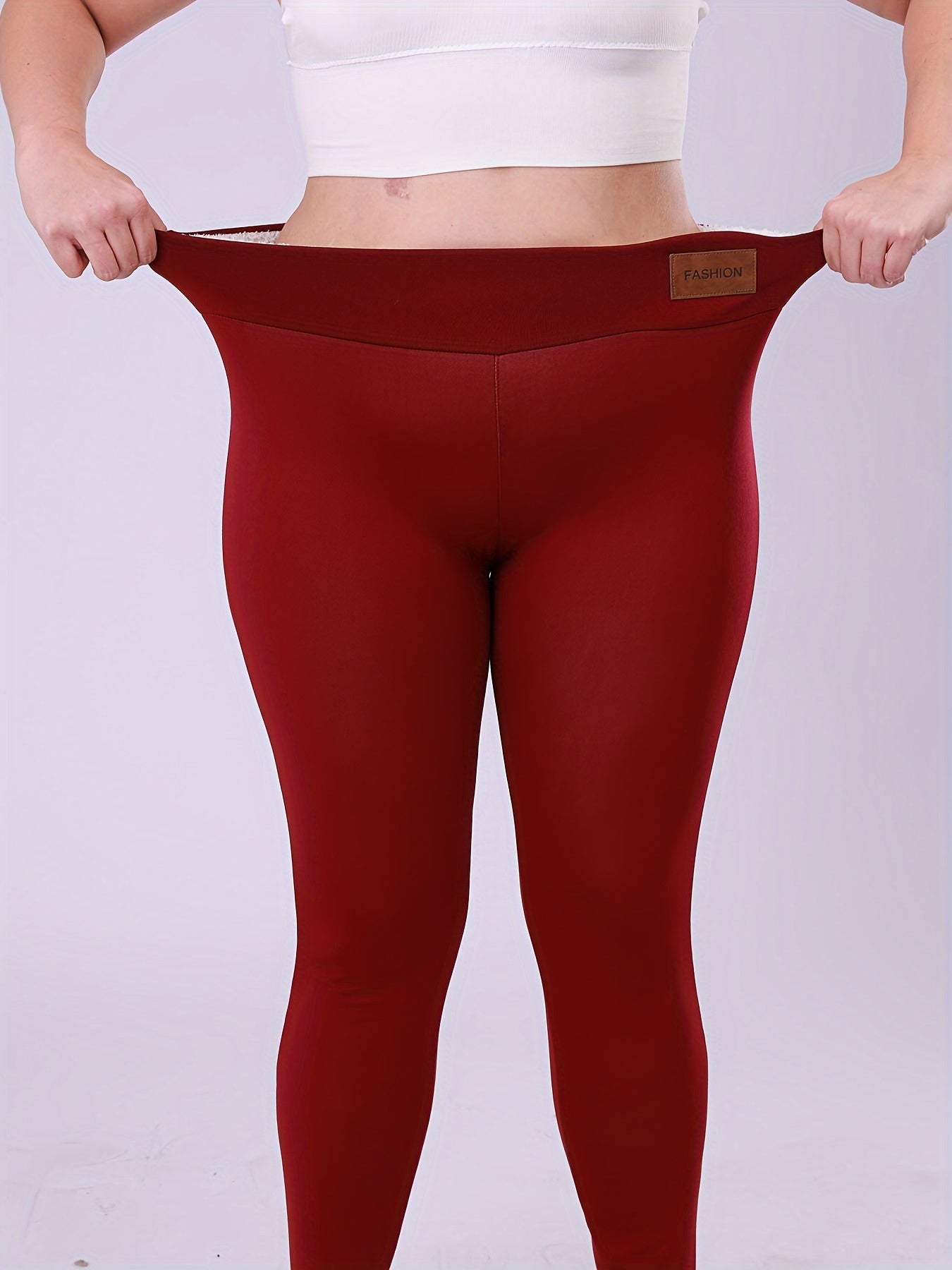 Leggings de cintura alta con forro de felpa para mujer, cálidos, gruesos y cómodos en rojo